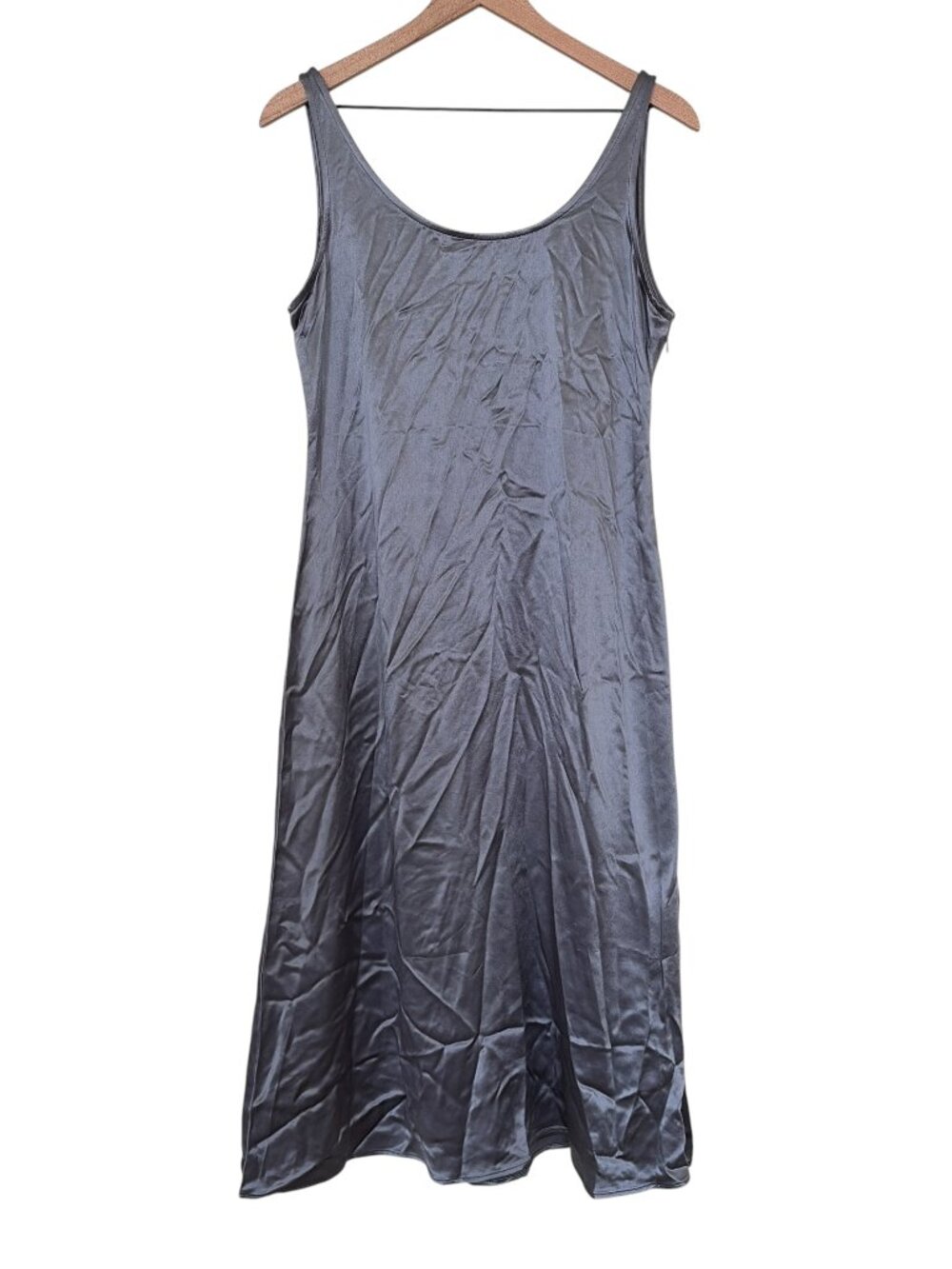 OGL Gray Acetate Satin Scoop Neck Open Back Midi Dress